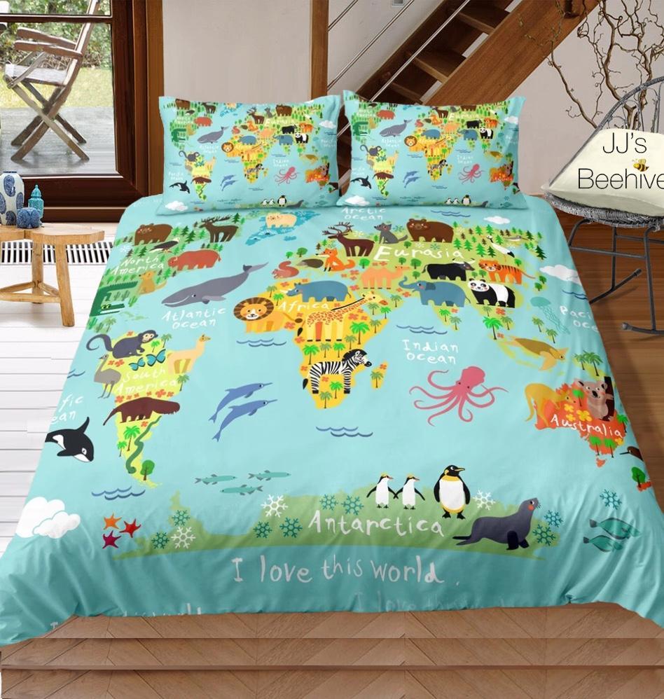 Kids Animals Of The World Map 3D Customized Duvet Cover Bedding Sets