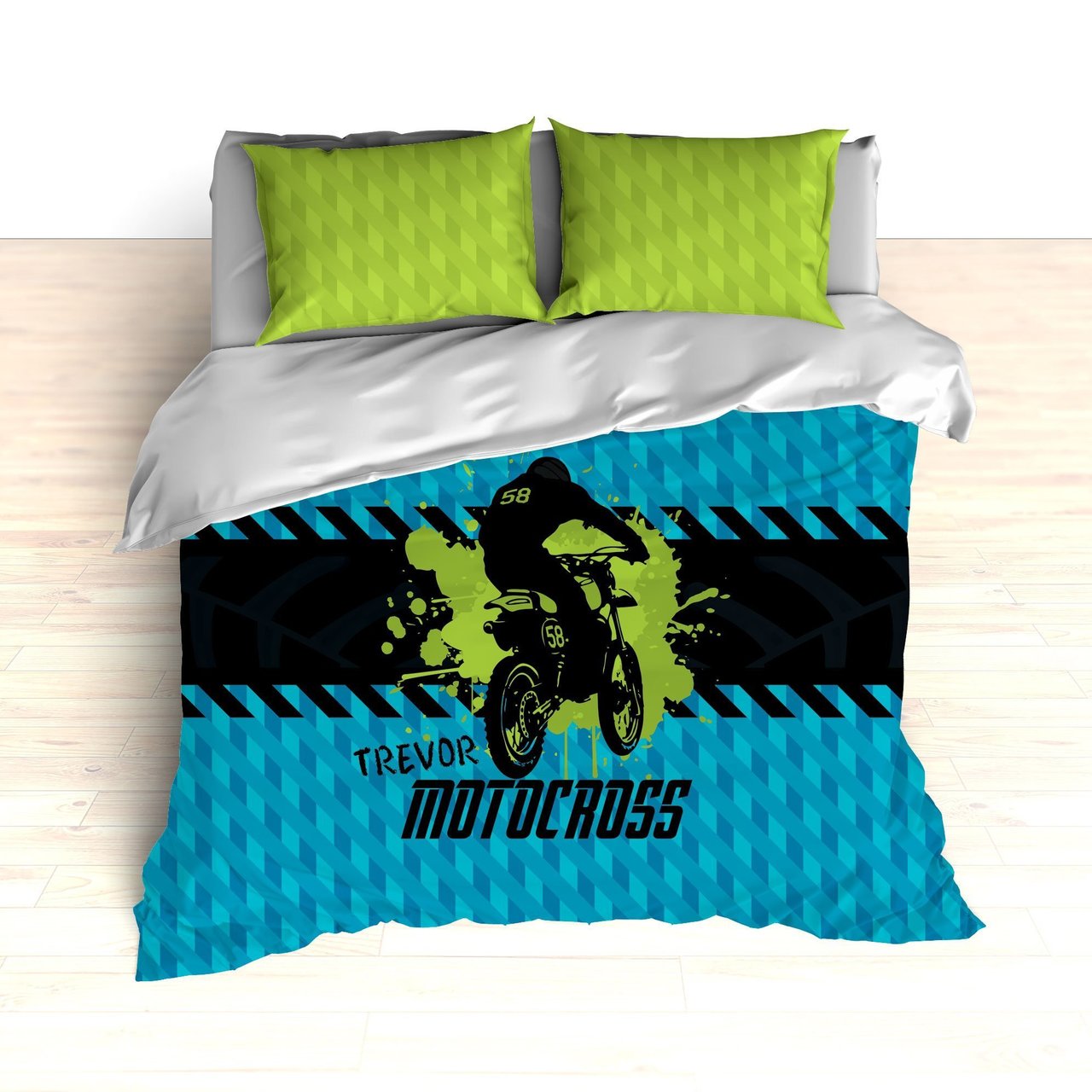 Kids Motocross Bedding, Blue, Teal, Green, Black, Dirt Bike Racing