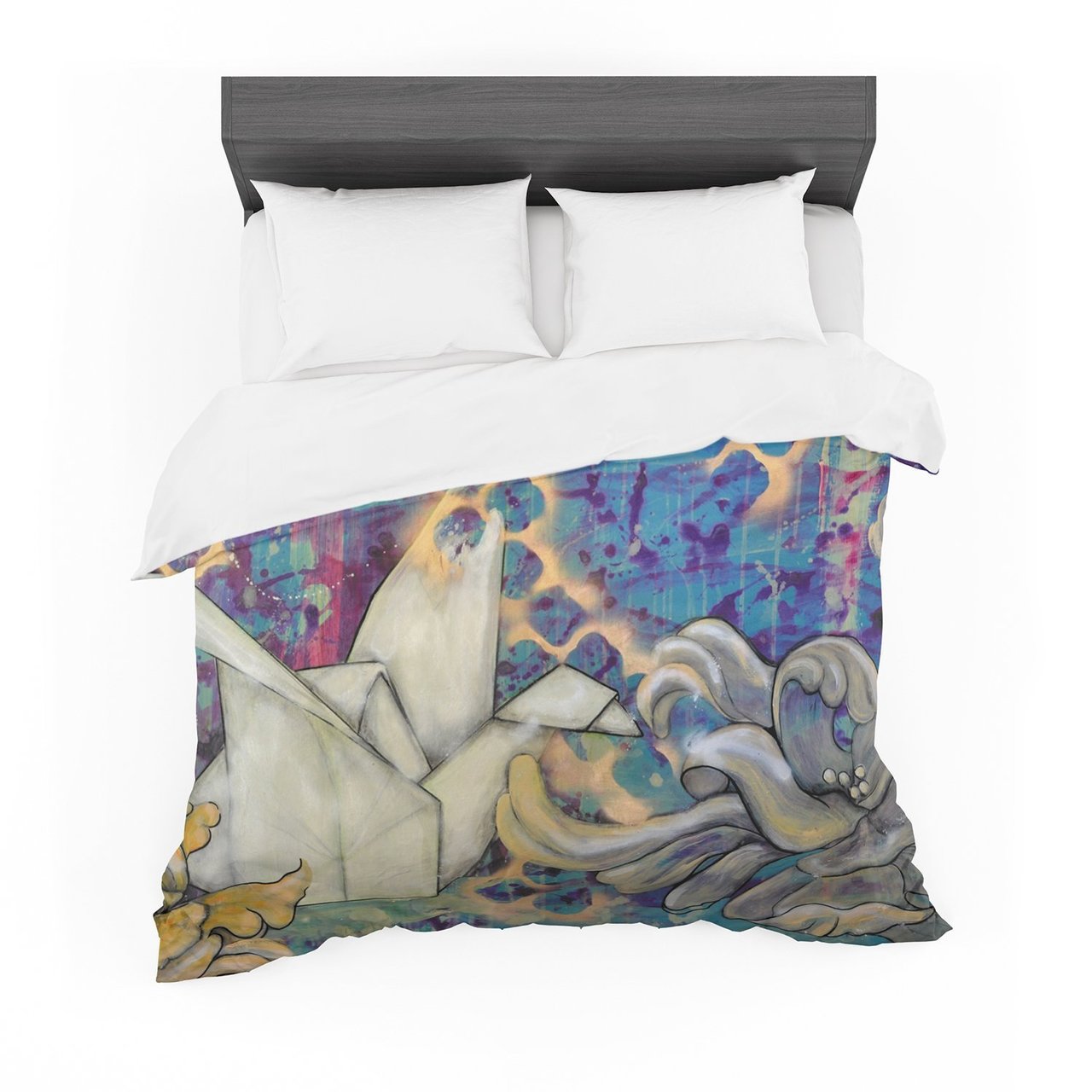 Kira Crees ‘Peonies and Crane’ Blue Green Cotton3D Customized Duvet Cover Bedding Sets