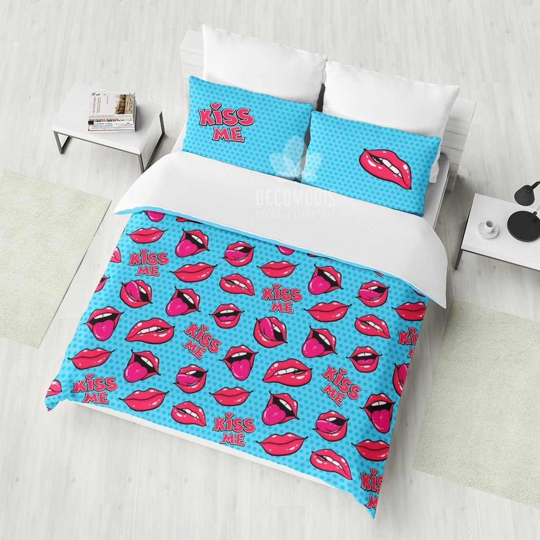 Kiss Me Pop Art Bedding, Retro Duvet Cover Set, Vintage Bedroom Decor, Classic Pop Art Bedspread
