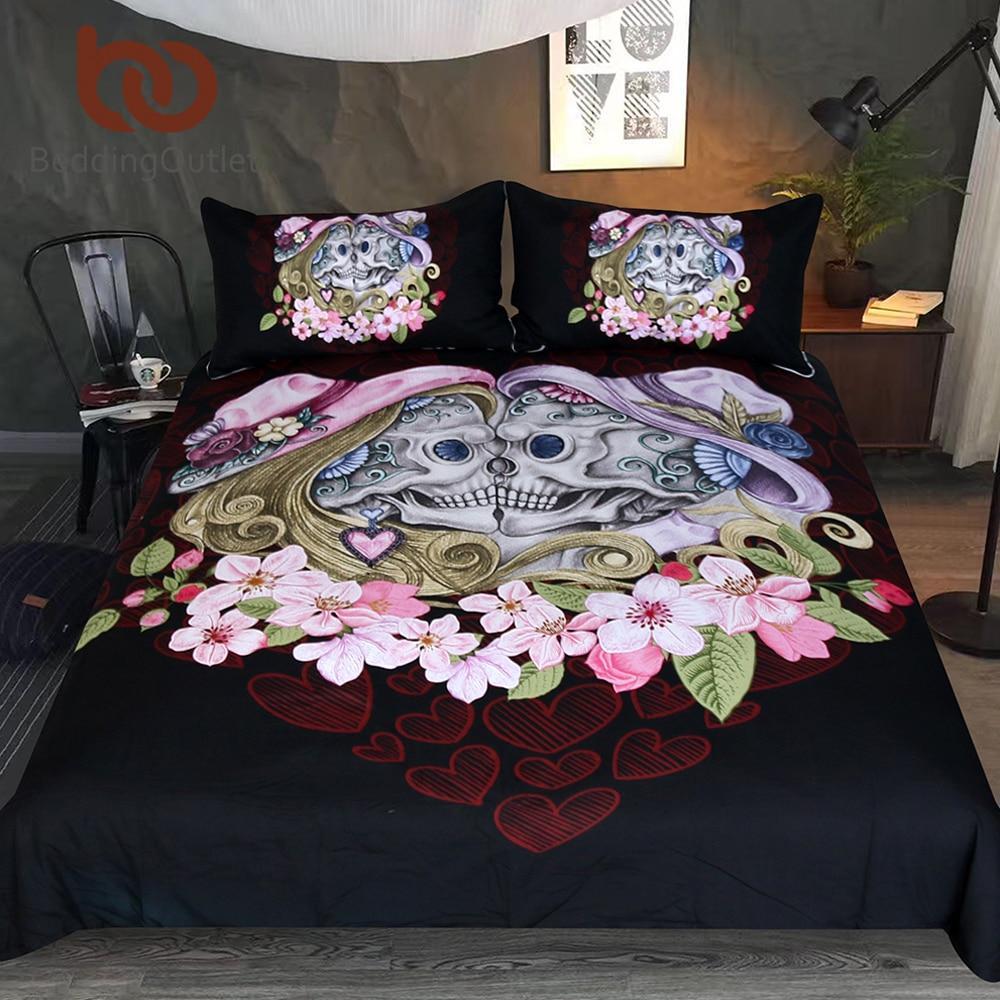 kull Couples Queen Boy Girls Gothic Black Bedclothes Pink Flowers Love et 3D Customized Duvet Cover Bedding Sets