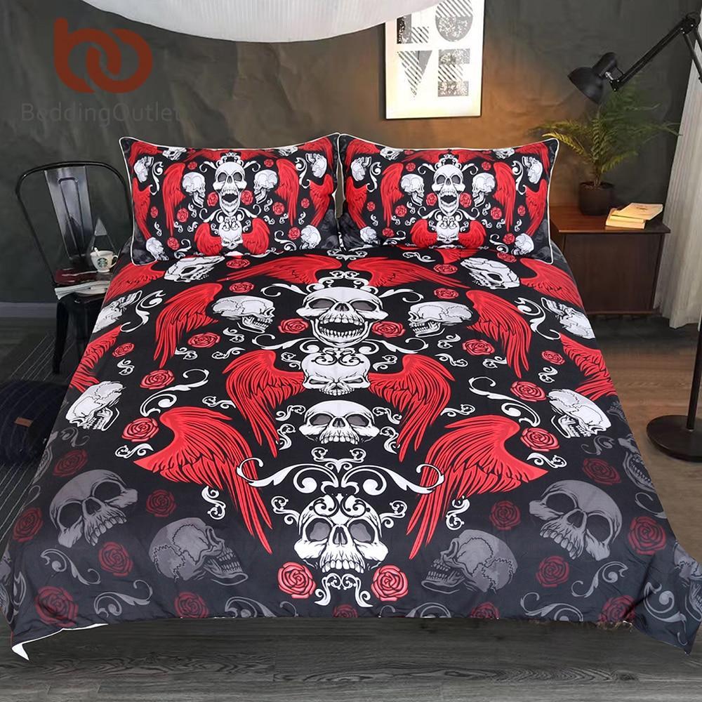 kull With Wings Roses Gothic Hippie Red Black White Adults Bedspread Vintage et3D Customized Duvet Cover Bedding Sets