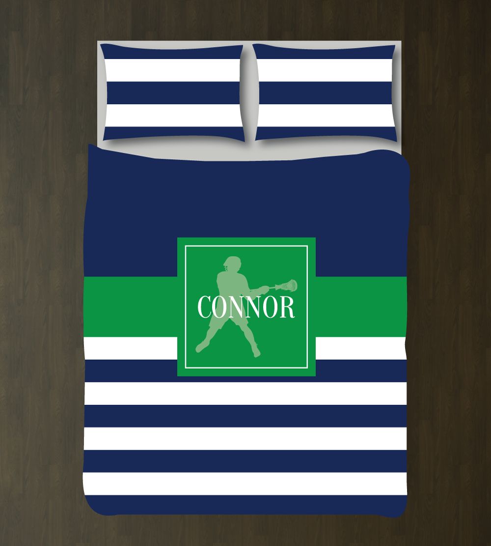 Lacrosse Bedding Set with Stripes | Boys LAX Duvet Cover and Shams | Navy Blue, Green and White