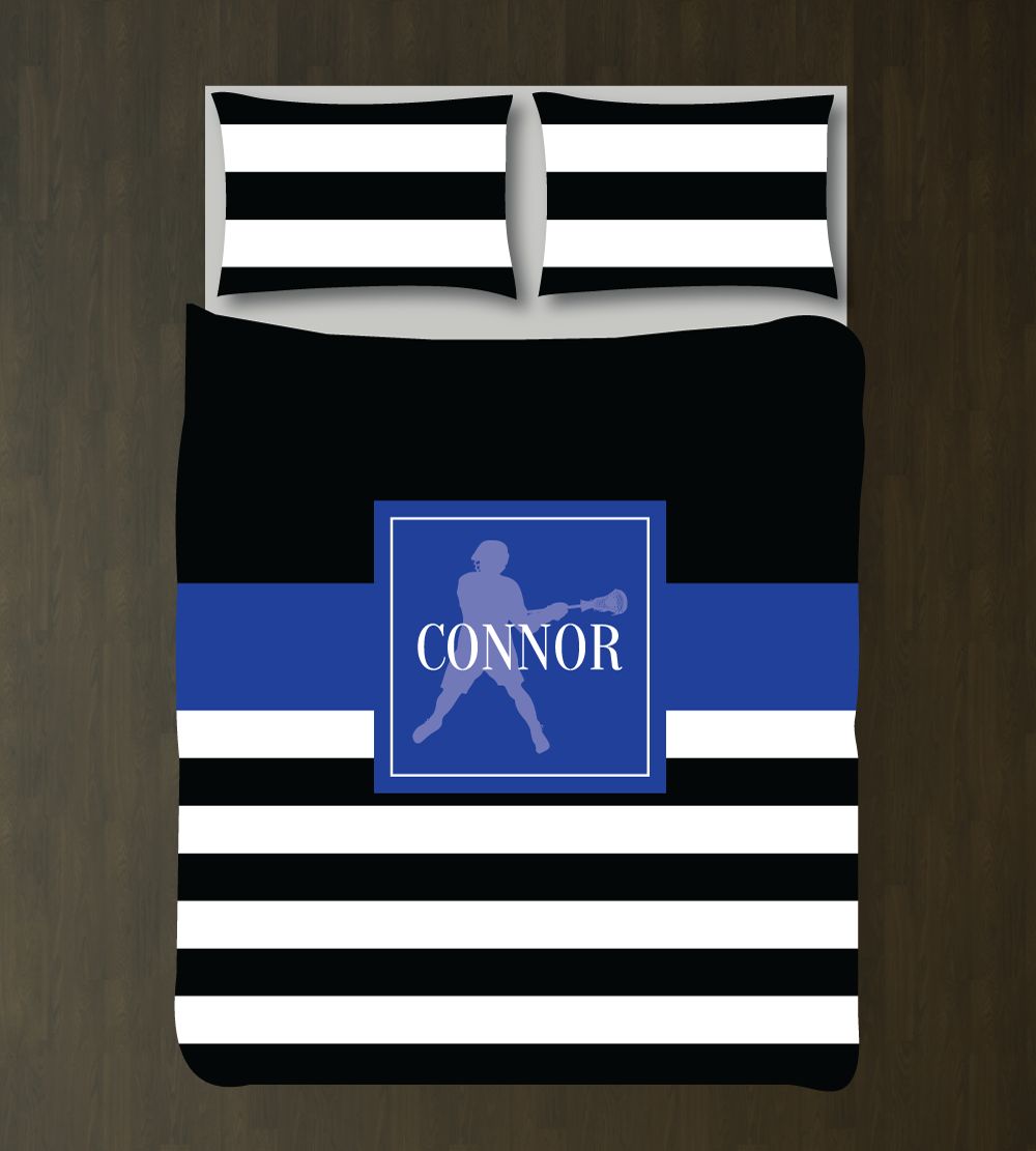 Lacrosse Bedding Set with Stripes | Boys LAX Duvet Cover and Shams | Royal Blue, Black and White