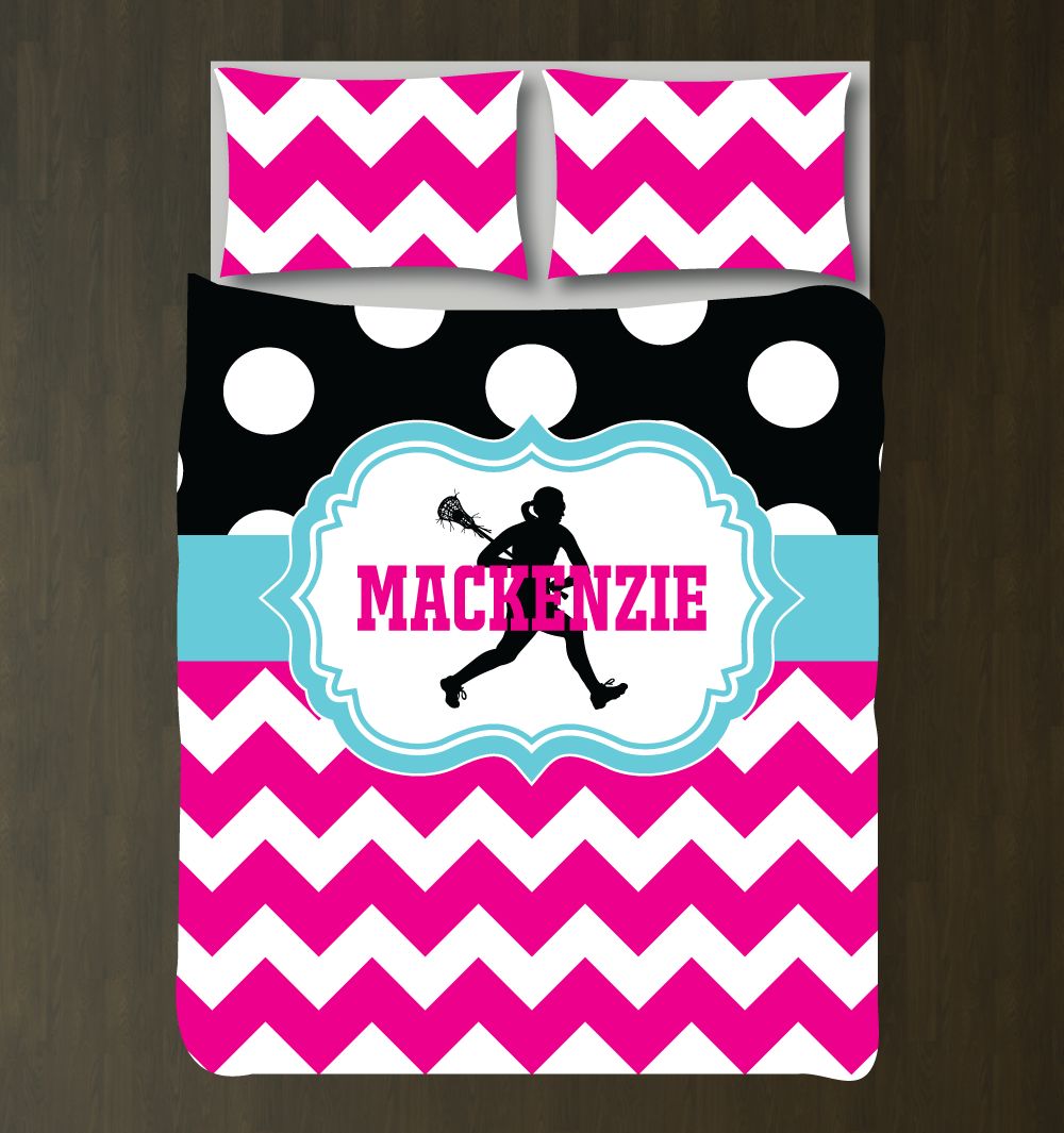 Lacrosse Chevron and Polka Dot Bedding Set for Girls Customized Duvet Cover| Hot Pink, Aqua, Black and White