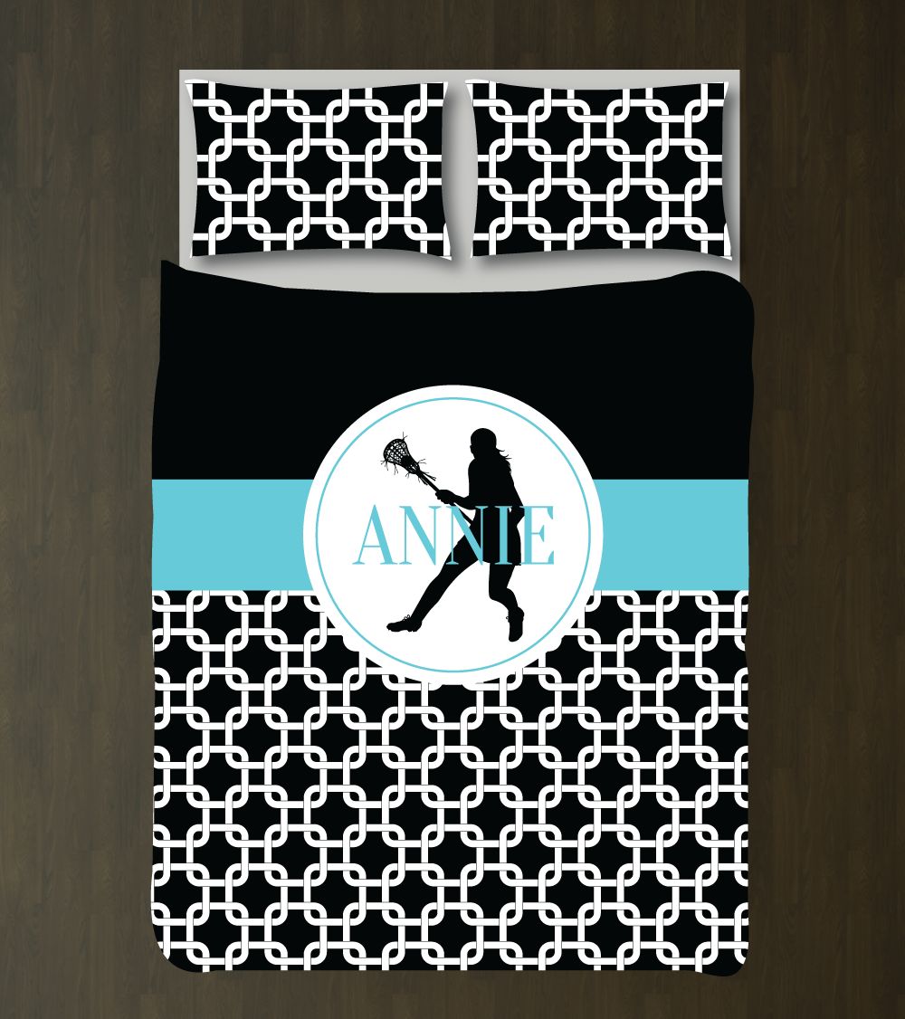 Lacrosse Themed Chain Link Bedding Set for Girls Customized Duvet Cover| Aqua, Black and White