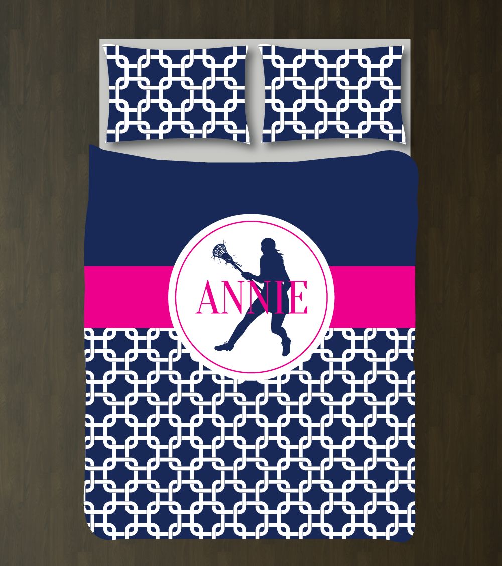 Lacrosse Themed Chain Link Bedding Set for Girls Customized Duvet Cover| Hot Pink, Navy Blue, White
