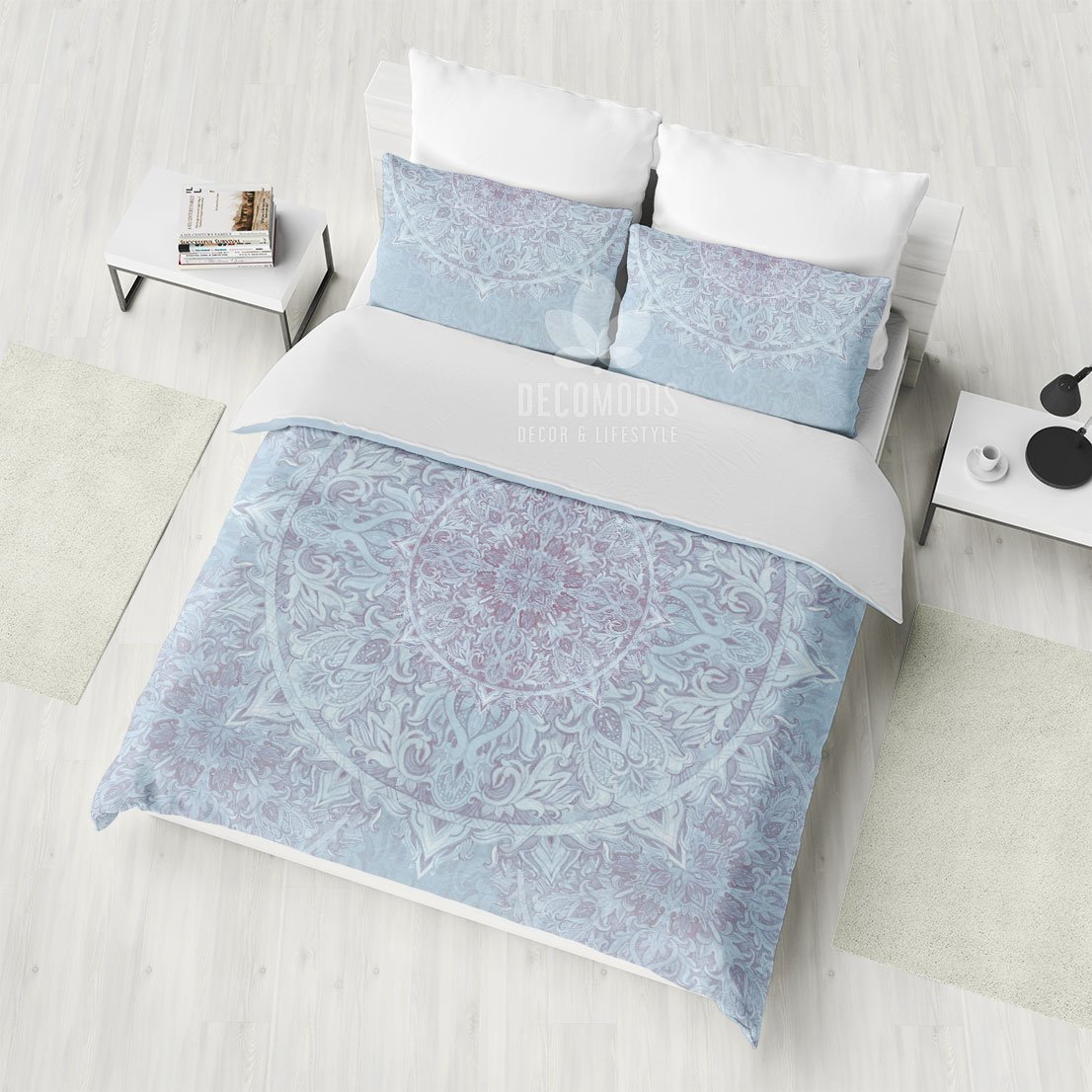 Light Blue Mandala Bedding, Beautiful Bohemian Duvet Cover Set, Indie Hippie Bedspread