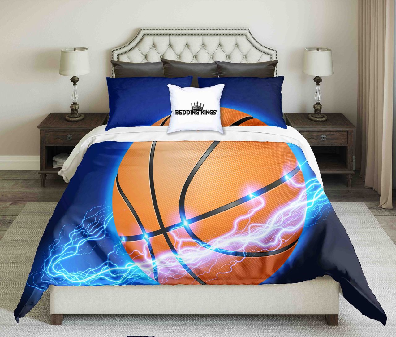 Lightingurounded Basketball On Blue Background | kings3D Customized Duvet Cover Bedding Sets