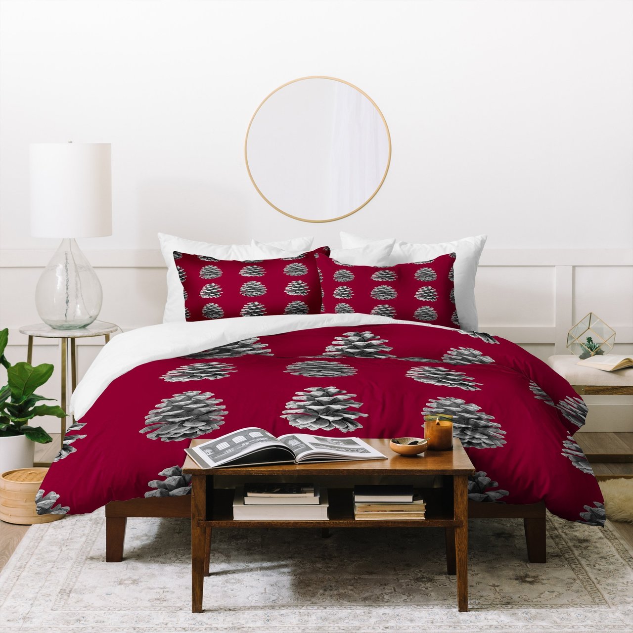 Lisa Argyropoulos Monochrome Pine Cones and Red Duvet Cover
