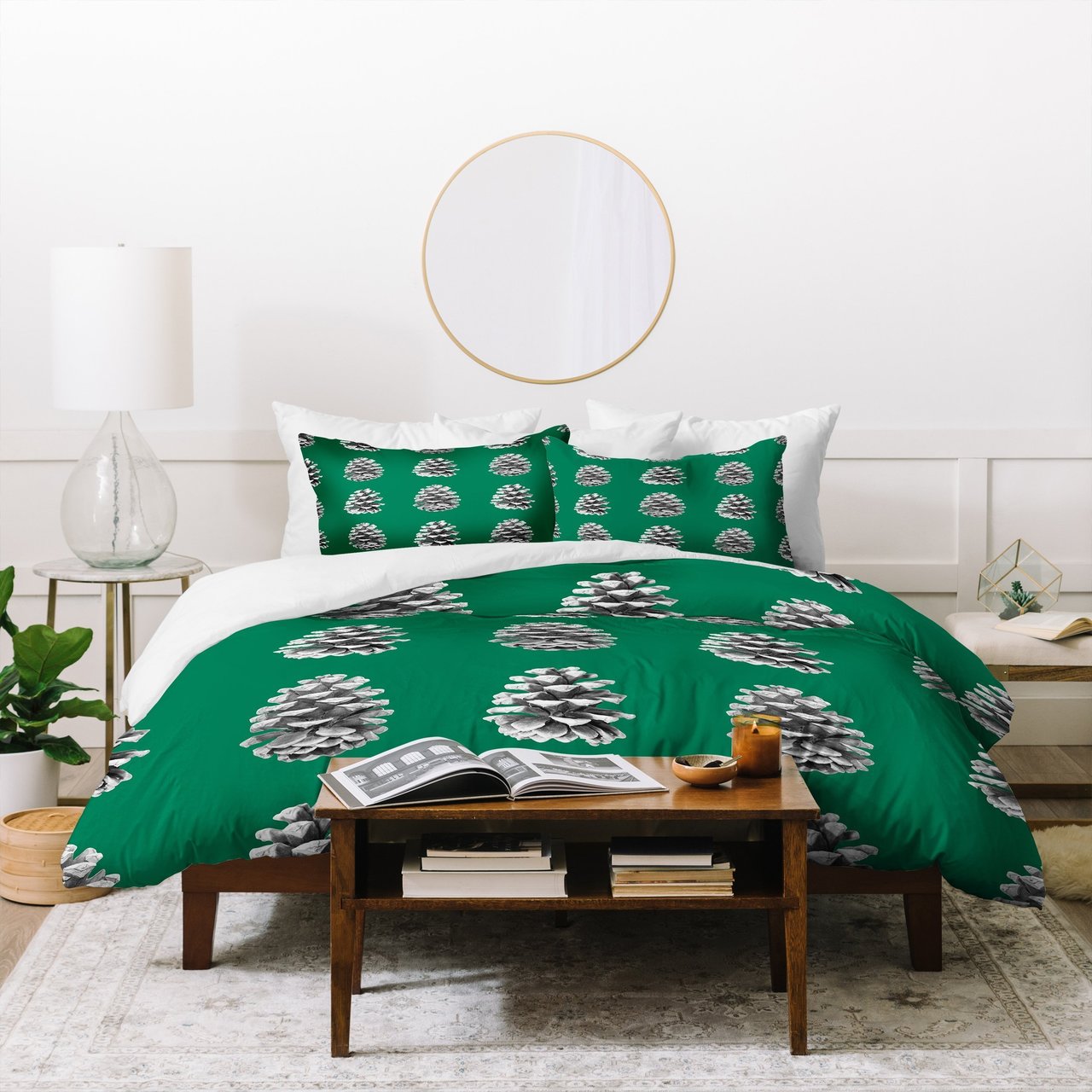 Lisa Argyropoulos Monochrome Pine Cones Green Duvet Cover