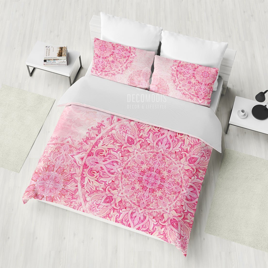 Mandala Bedding, White & Red Bohemian Duvet Cover Set, Gentle Mandala Bedroom Decor