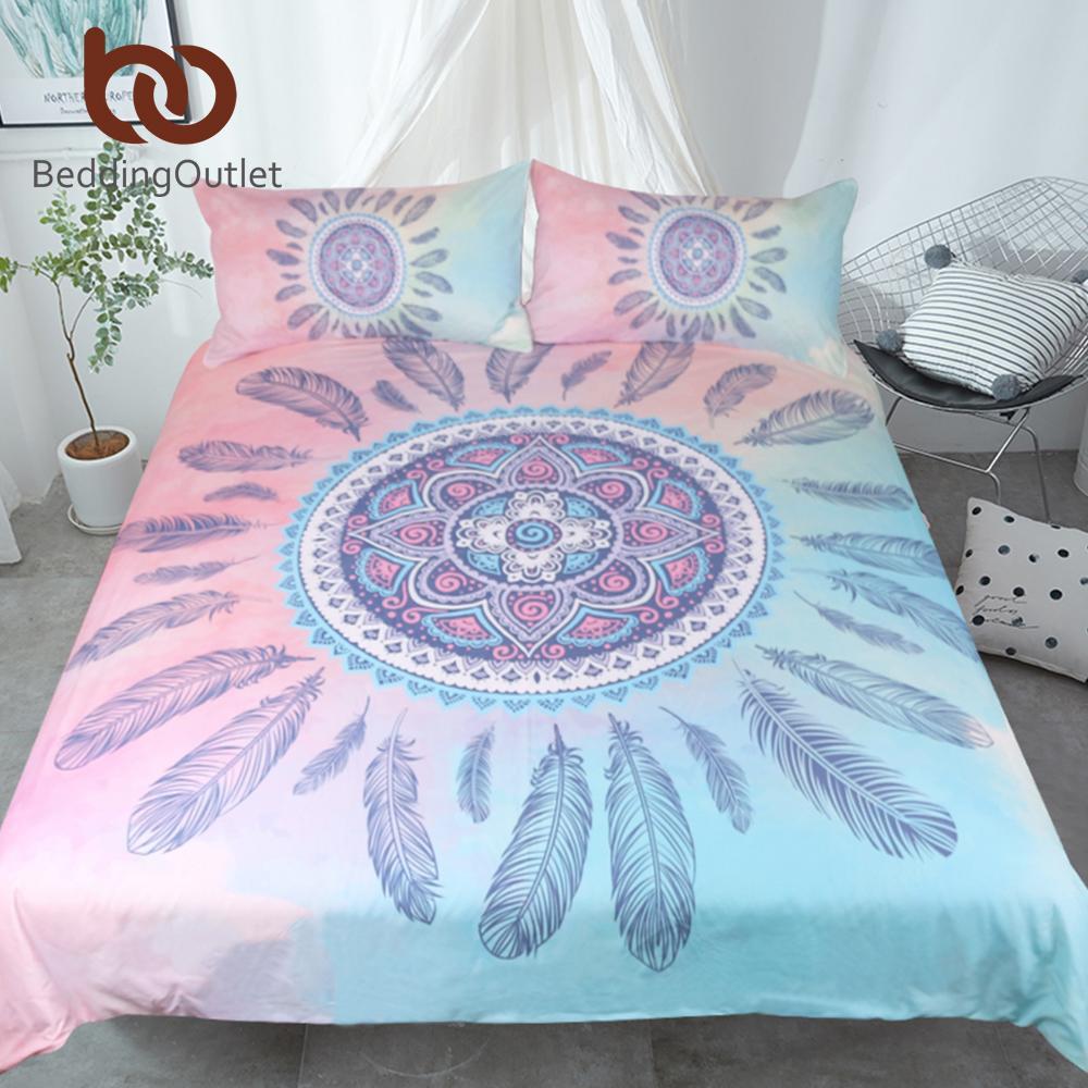 Mandala Pink and Blue Feathers et Bohemian Printed Bedclothes 3D Customized Duvet Cover Bedding Sets