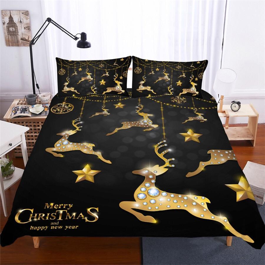 Merry Christmas Golden Reindeers 3D Customized Duvet Cover Bedding Sets