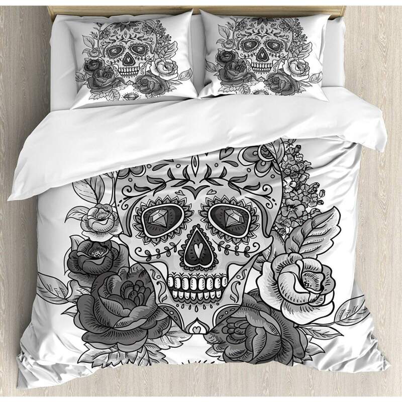 Monochrome Sugar Skull with Roses Leaves Bedding Set