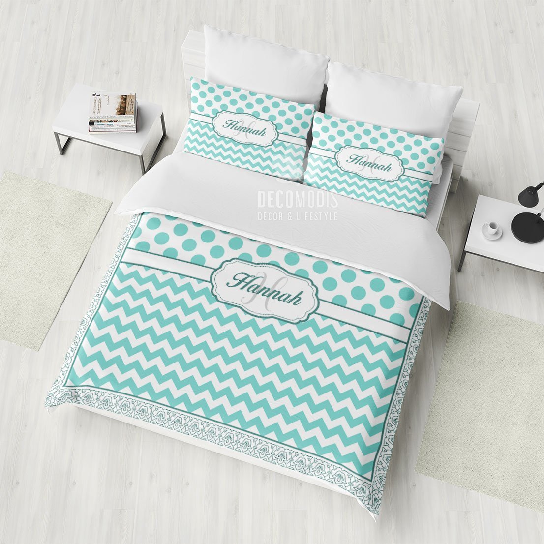 Monogrammed Bedding, Personalized Duvet Cover Set, Custom Pastel Green Geometry Bedspread, Bedding with Name