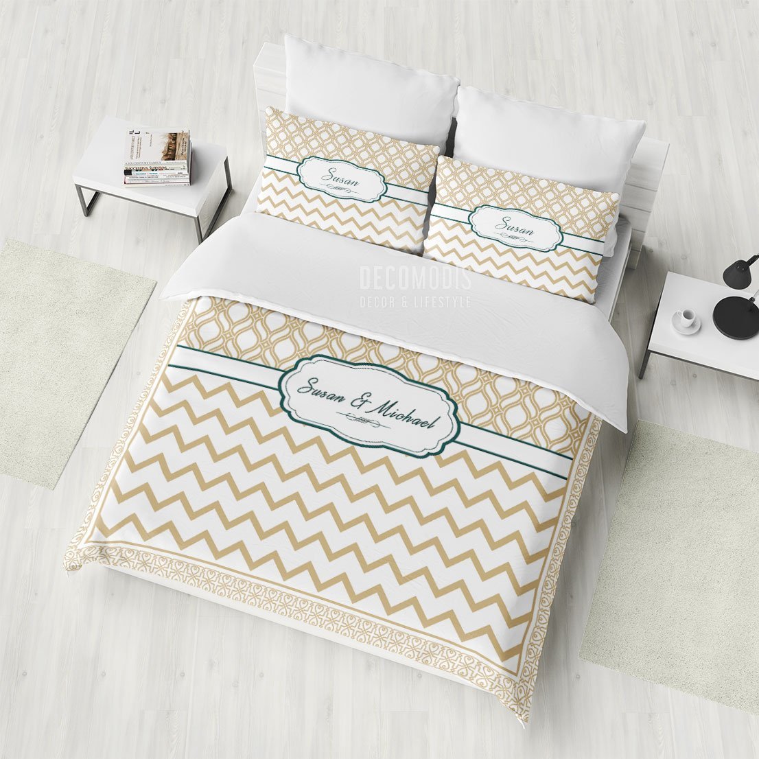 Monogrammed Bedding Set, Golden Customized Duvet Cover, Golden Bedding with Name, Personalized Monogram Bedspread