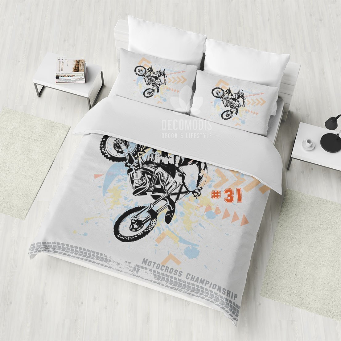 Monogrammed Motorbike Bedding Set, Sport Motocross Jump Duvet Cover, Customized Bedding Set
