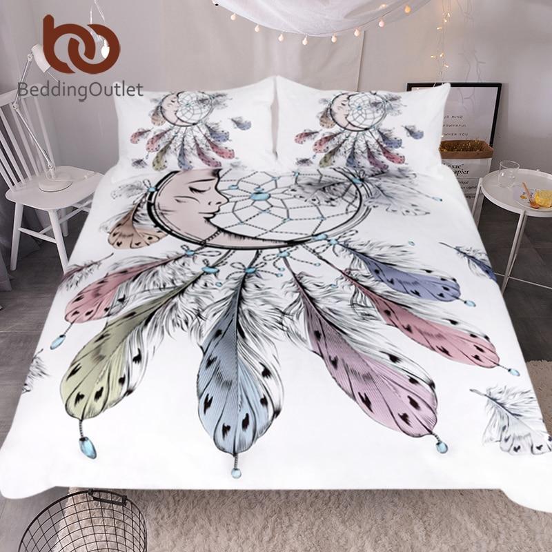 Moon Dreamcatcher Queenize Feathers White et Beautiful Bedclothes 3D Customized Duvet Cover Bedding Sets