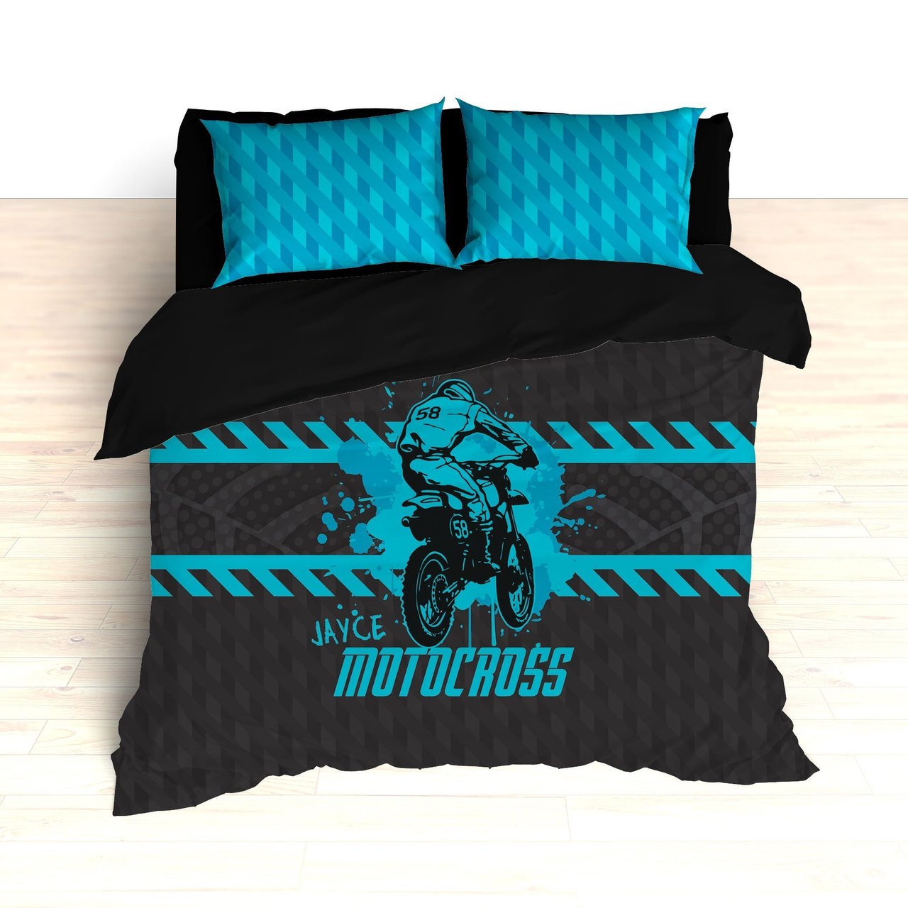 Motocross Bedding, Blue, Gray, Black, Personalized Comforter or Duvet