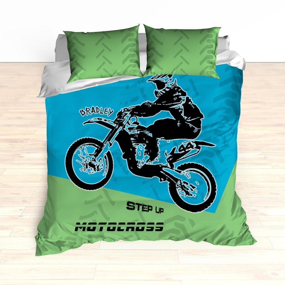 Motocross Bedding Personalized, Comforter, Duvet, Dirt Bike, Freestyle, Green, Blue