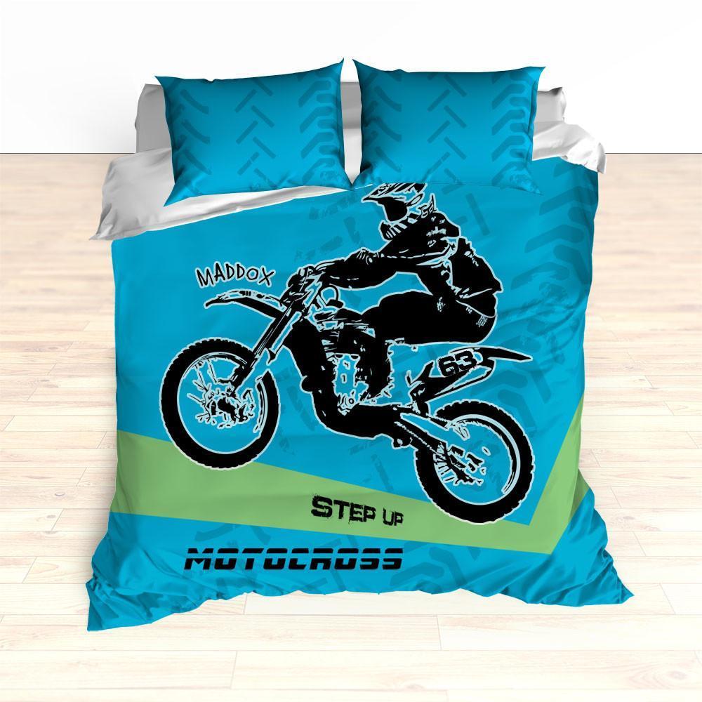 Motocross Bedding Personalized, Comforter or Duvet, Dirt Bike, Freestyle Motocross, Blue and Green