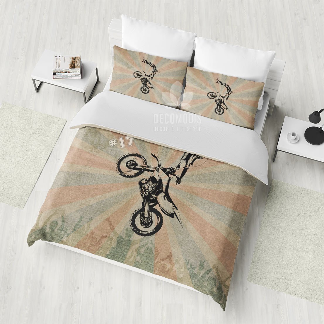 Motocross Bedding Set, Sport Motorbike Jump Duvet Cover, Customized Inspirational Bedding Set