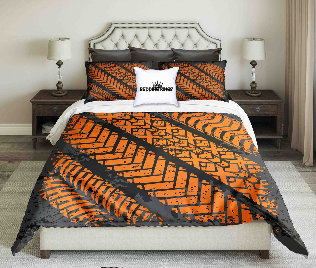 Motocycle Orange Tyres Print On Black Background | kings3D Customized Duvet Cover Bedding Sets