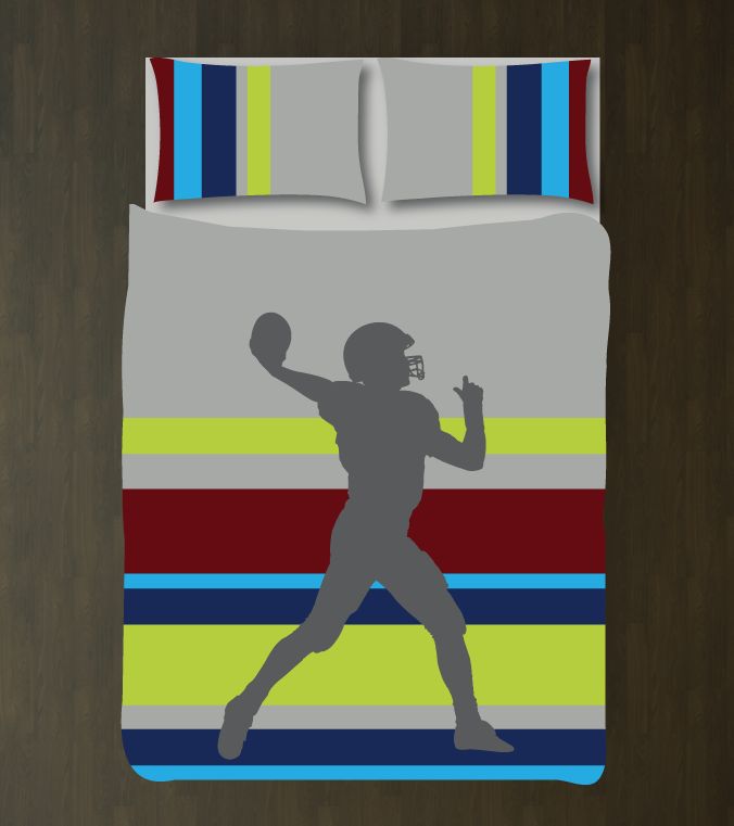 Mulit Striped Football Silhouette Bedding Set Customized Duvet Cover| Grey, Bright Chartreuse, Turquoise, Navy, Burgundy and Charcoal