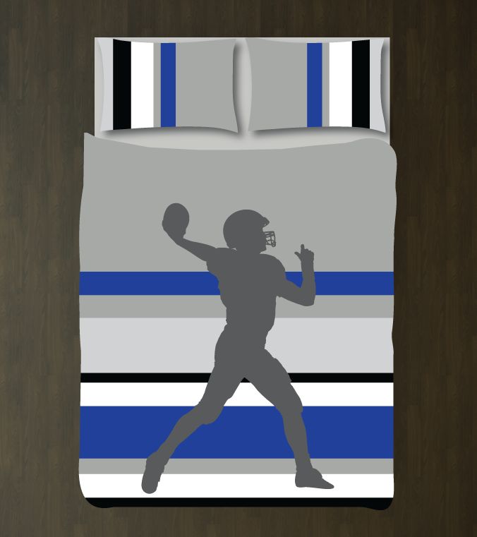 Mulit Striped Football Silhouette Bedding Set Customized Duvet Cover| Grey, Royal Blue, Charcoal and White
