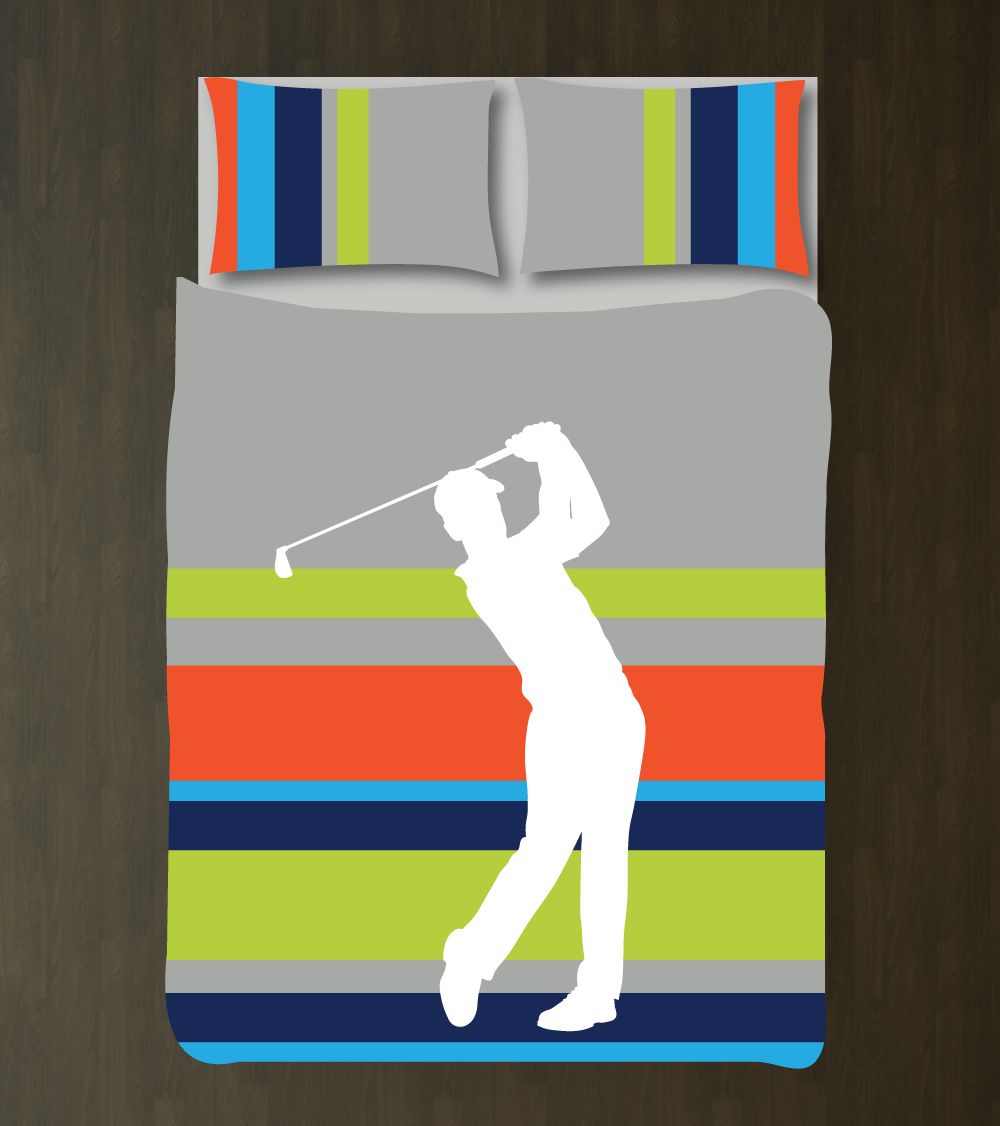 Mulit Striped Golf Silhouette Bedding Set Customized Duvet Cover| Grey, Bright Chartreuse, Tangerine Tango, Navy, Turquoise