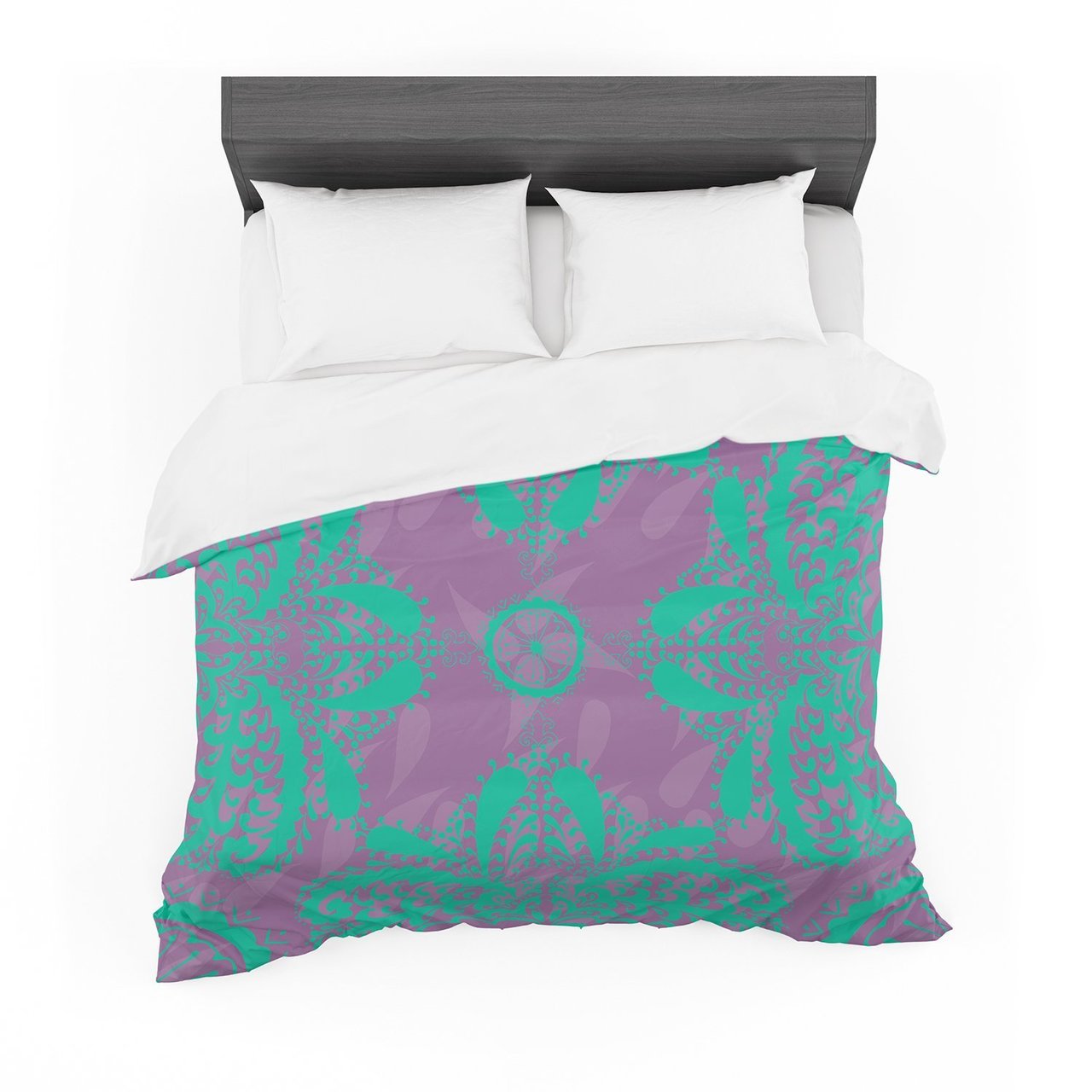 Nanditaingh ‘Motifs in Green’ Purple Floral Cotton3D Customized Duvet Cover Bedding Sets