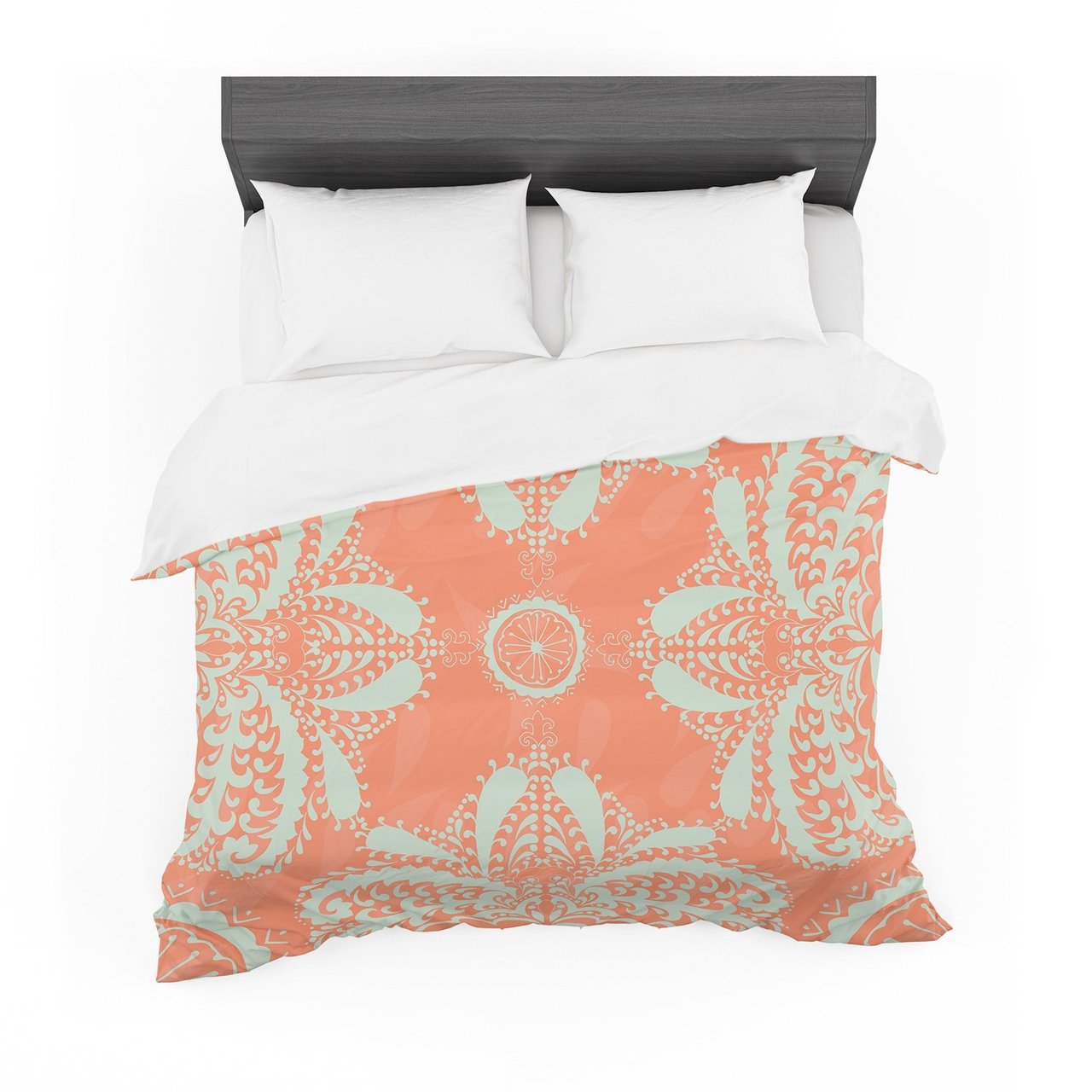 Nanditaingh ‘Motifs in Peach’ Orange Floral Cotton3D Customized Duvet Cover Bedding Sets