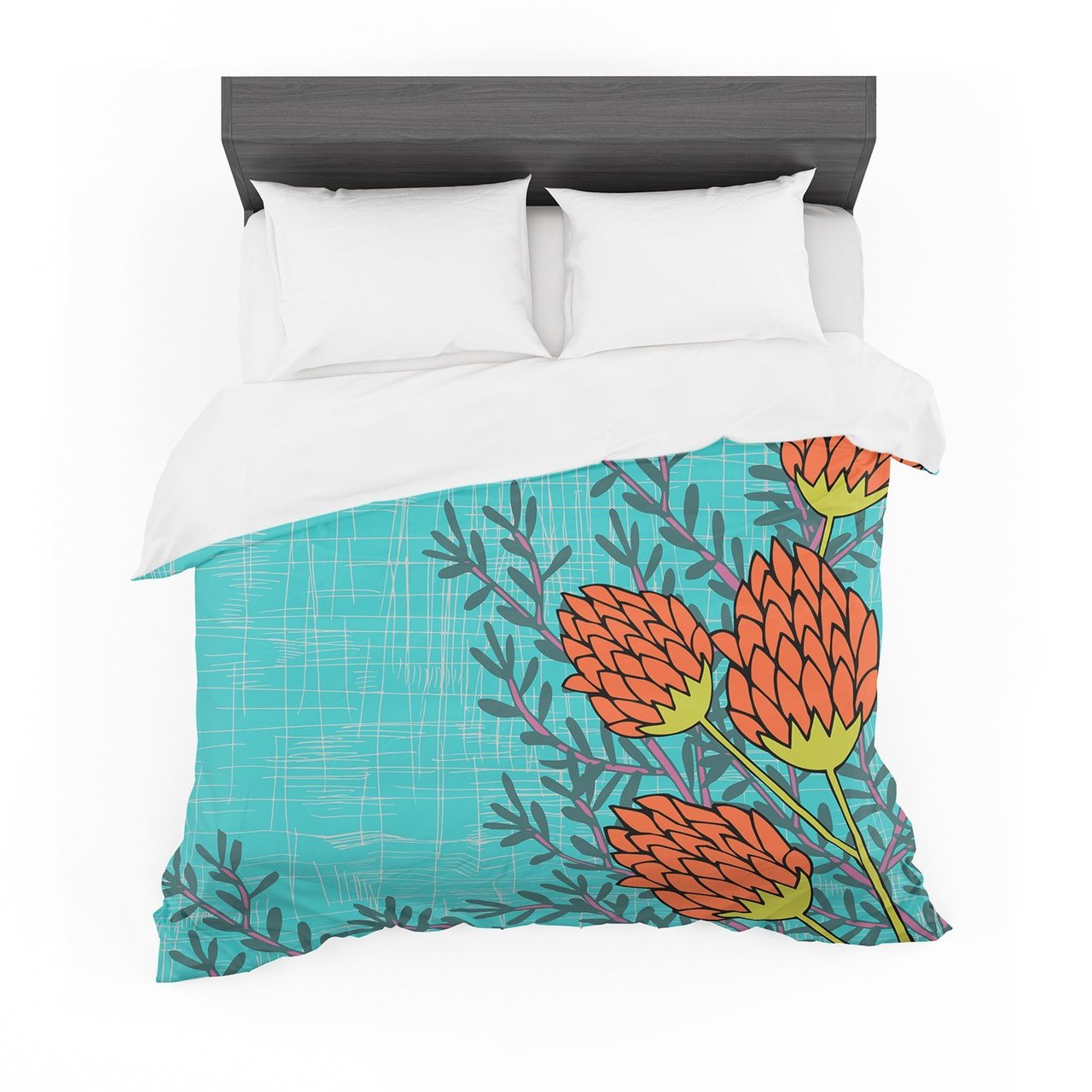 Nanditaingh ‘Red Flowers’ Blue Orange Cotton3D Customized Duvet Cover Bedding Sets