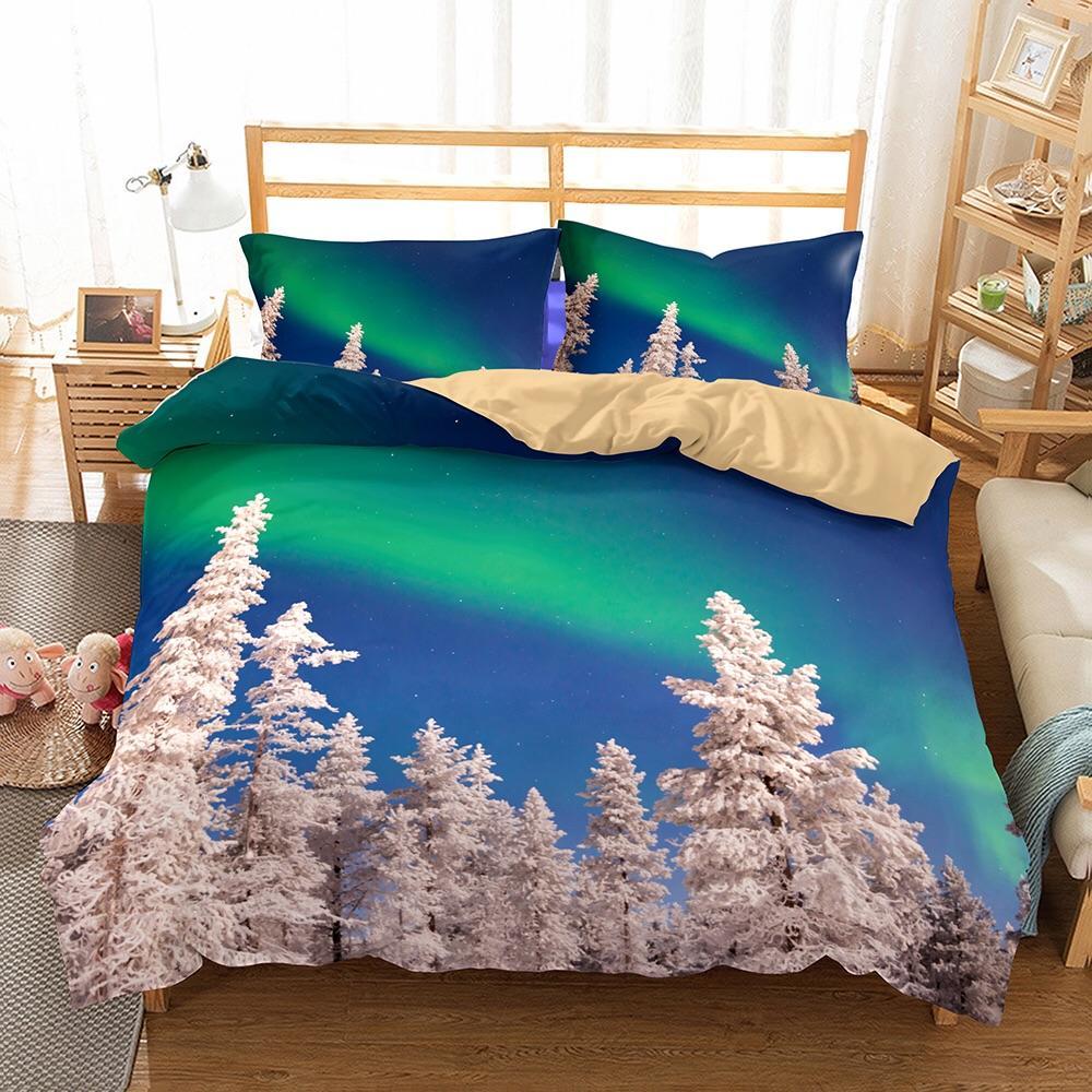 Northern Lights Aurora Overnowy Trees 3D Customized Duvet Cover Bedding Sets