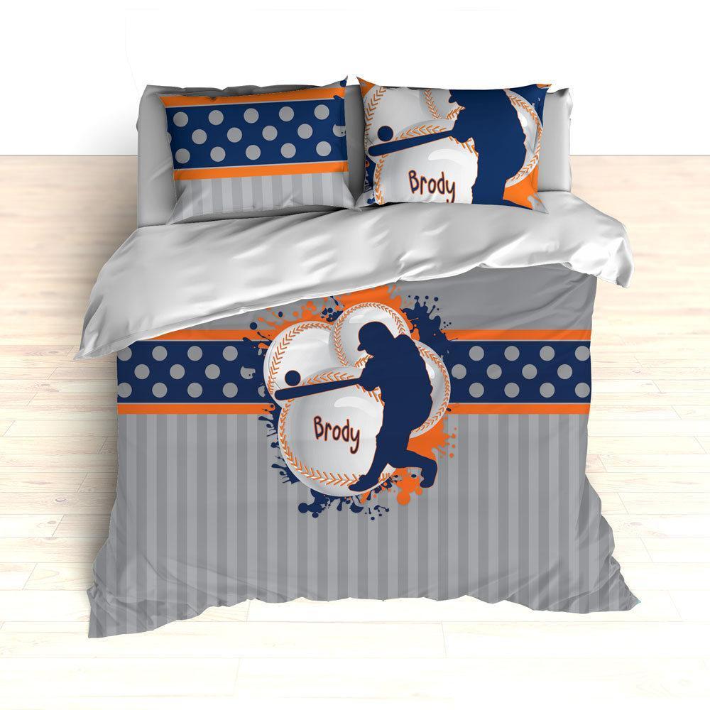 Orange and Navy Baseball Bedding, Personalized Baseball Theme Bedding, Duvet, Comforter, King, Twin, Queen, Toddler, Nursery, Any Team Color