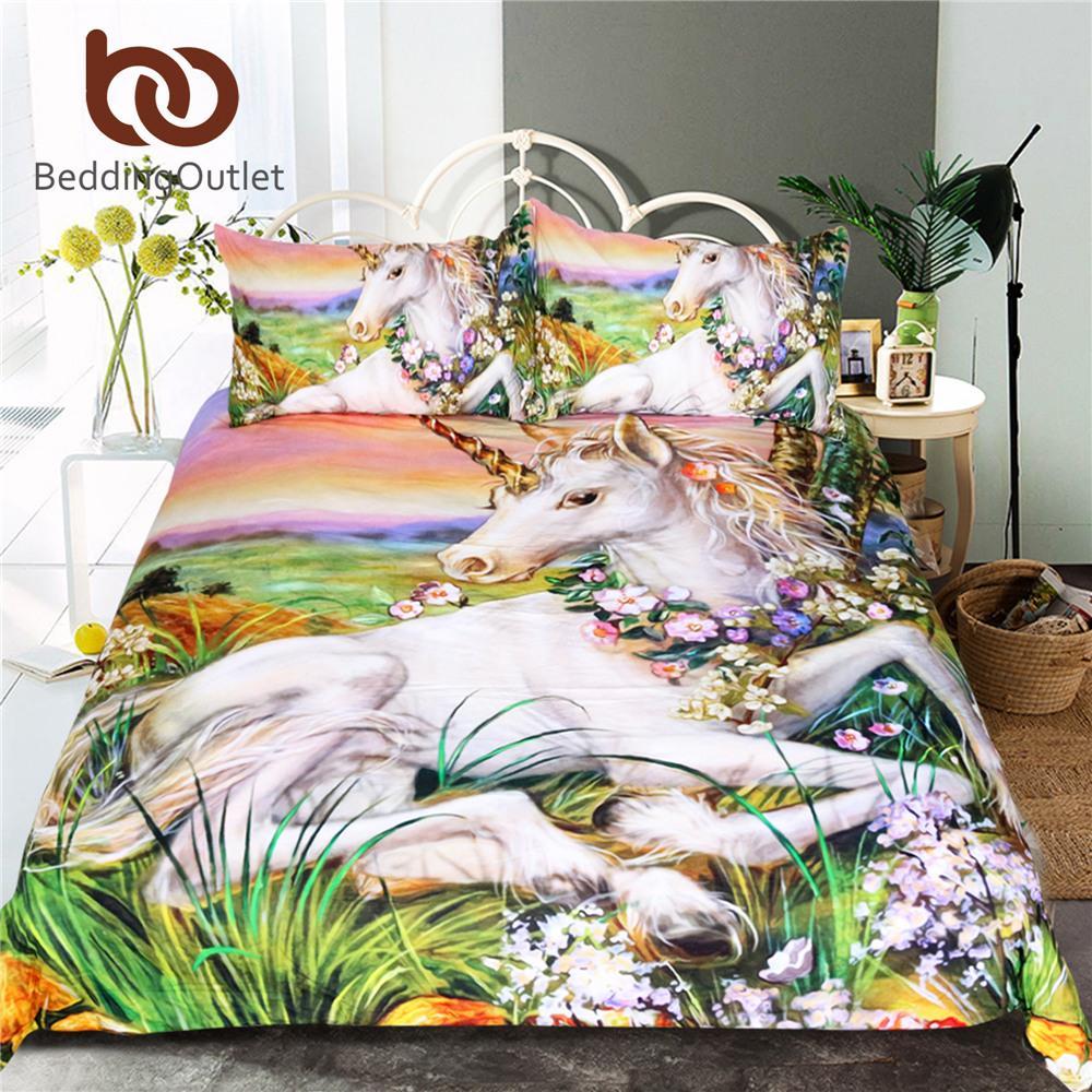 Outl 3d Unicorn Queen ize Watercolor Print Kids Girl Flower Colored Dreamlike 3D Customized Duvet Cover Bedding Sets