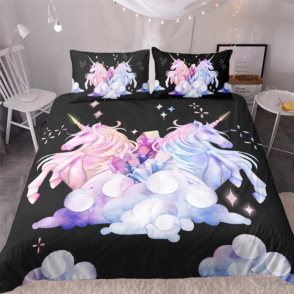 Pastel Unicorn Couple With Crystals In The Clouds 3D Customized Duvet Cover Bedding Sets