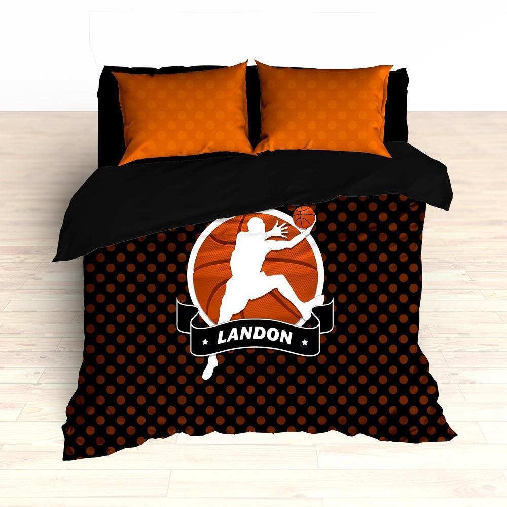 Personalized Basketball Bedding, Black and Orange Basketball Dots, Custom Duvet or Comforter Set