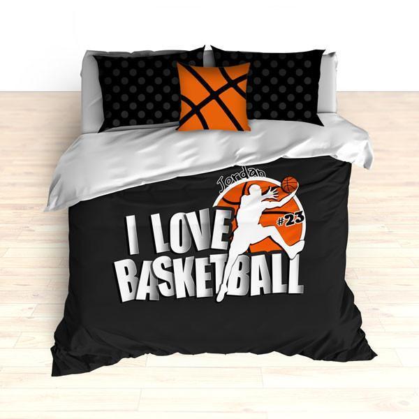 Personalized Basketball Bedding, Black Dots, I Love Basketball Comforter or Duvet