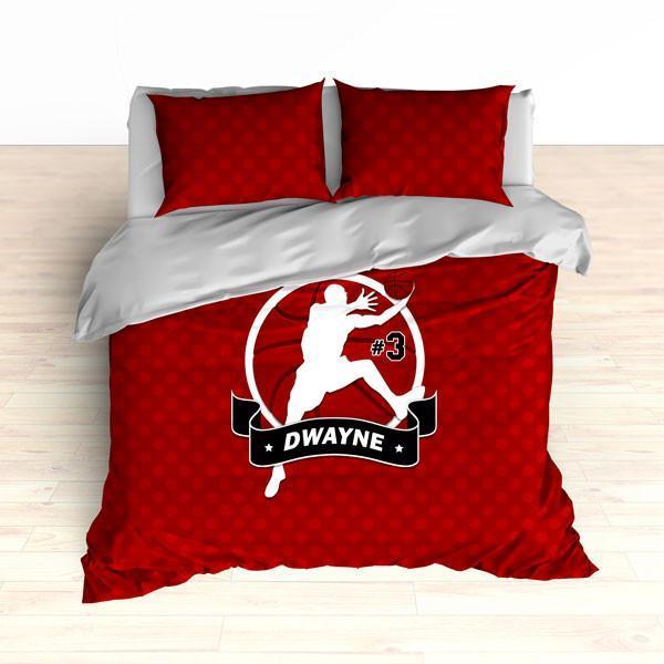 Personalized Basketball Bedding, Red Basketball Dots, Custom Duvet or Comforter