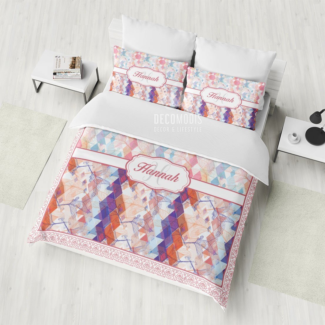 Personalized Bedding, Floral & Geometry Elements Duvet Cover Set, Custom Bedspread, Monogrammed Bedding with Name