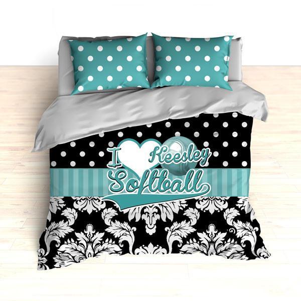 Personalized Damask Softball Bedding, Duvet or Comforter Sets, Teal and Black Damask