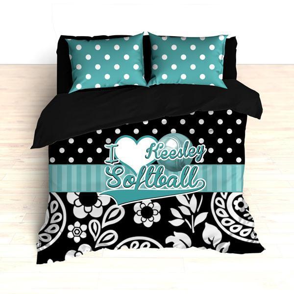 Personalized Floral Softball Bedding, Duvet or Comforter, Teal and Black Floral and Polka Dots