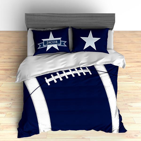 Personalized Football Team Colors Themed Bedding, Duvet or Comforter Sets, Navy Blue and White