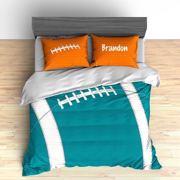 Personalized Football Team Colors Themed Bedding, Duvet or Comforter Sets, Orange and Teal