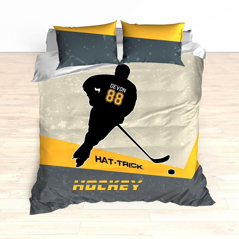 Personalized Hockey Bedding, Black and Yellow, Custom Duvet or Comforter Sets, Hat Trick Hockey