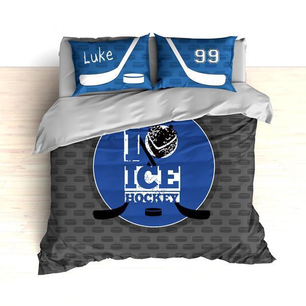 Personalized Hockey Bedding, Blue and Gray, Custom Duvet or Comforter Sets for Hockey Themed Bedroom
