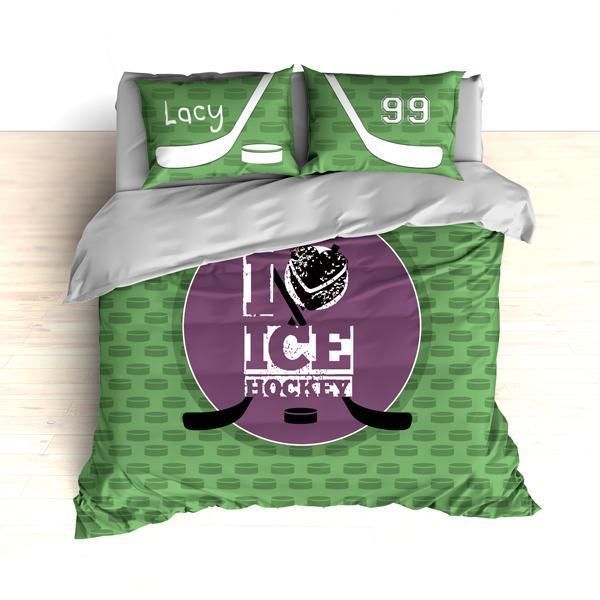 Personalized Hockey Bedding, Green and Purple, Custom Duvet or Comforter Sets for Hockey Themed Bedroom