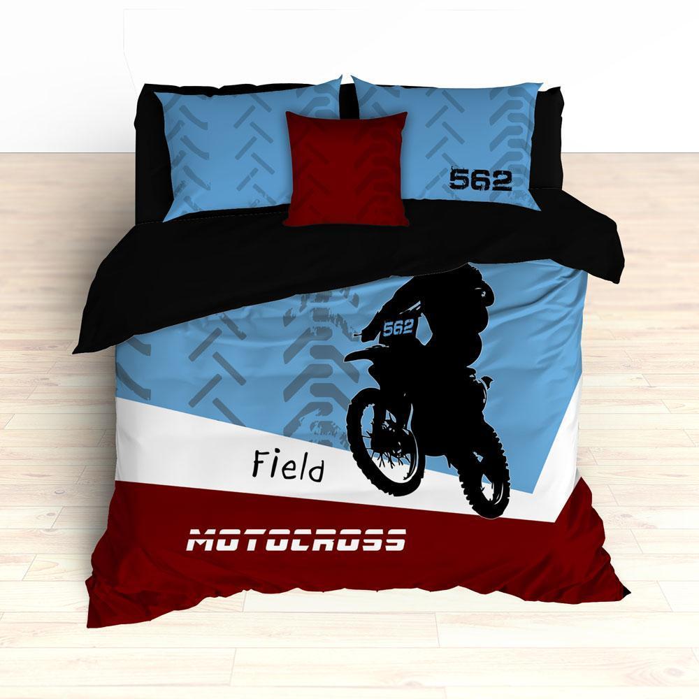 Personalized Motocross Comforter or Duvet, Dirt Bike, Freestyle, Blue and Maroon